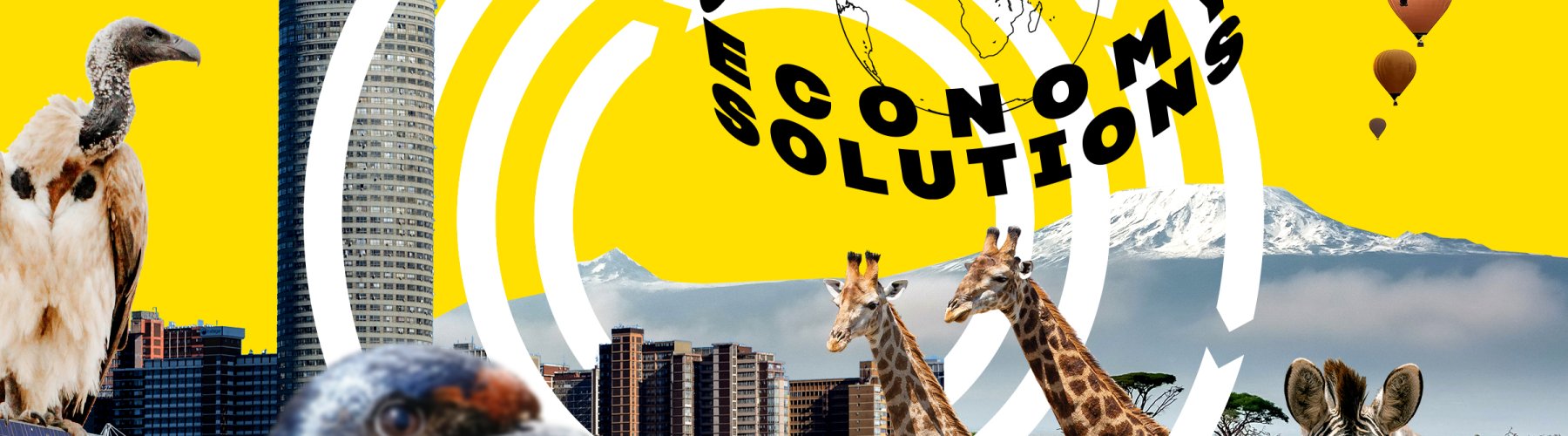 African animals, buildings and mountains, circles, the globe and the text inspiring circular economy solutions.