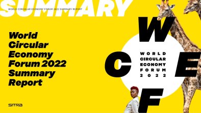 World Circular Economy Forum 2022 Summary Report with the WCEF2022 and Sitra logos, a giraffe and a woman